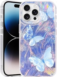 Compatible with iPhone 15 Pro Max Case,with [Shockproof Protective][Camera Protection] Cute Butterfly Aesthetic Phone Cover Anti-Yellowing Soft Slim Cover for Women Girl-Blue