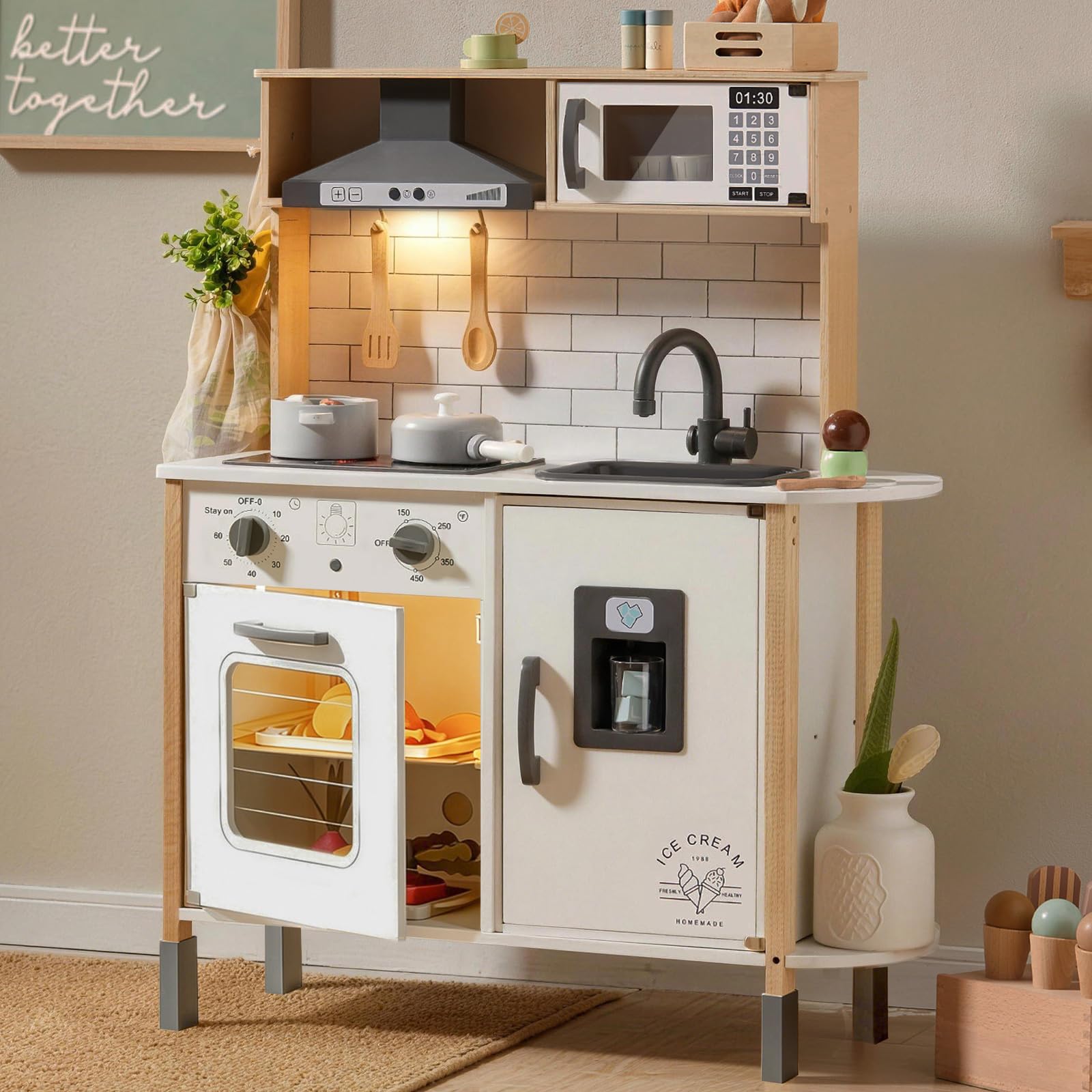 Tiny Land Play Kitchen for Kids – Real Lights, Sounds & Adjustable Height | Wood
