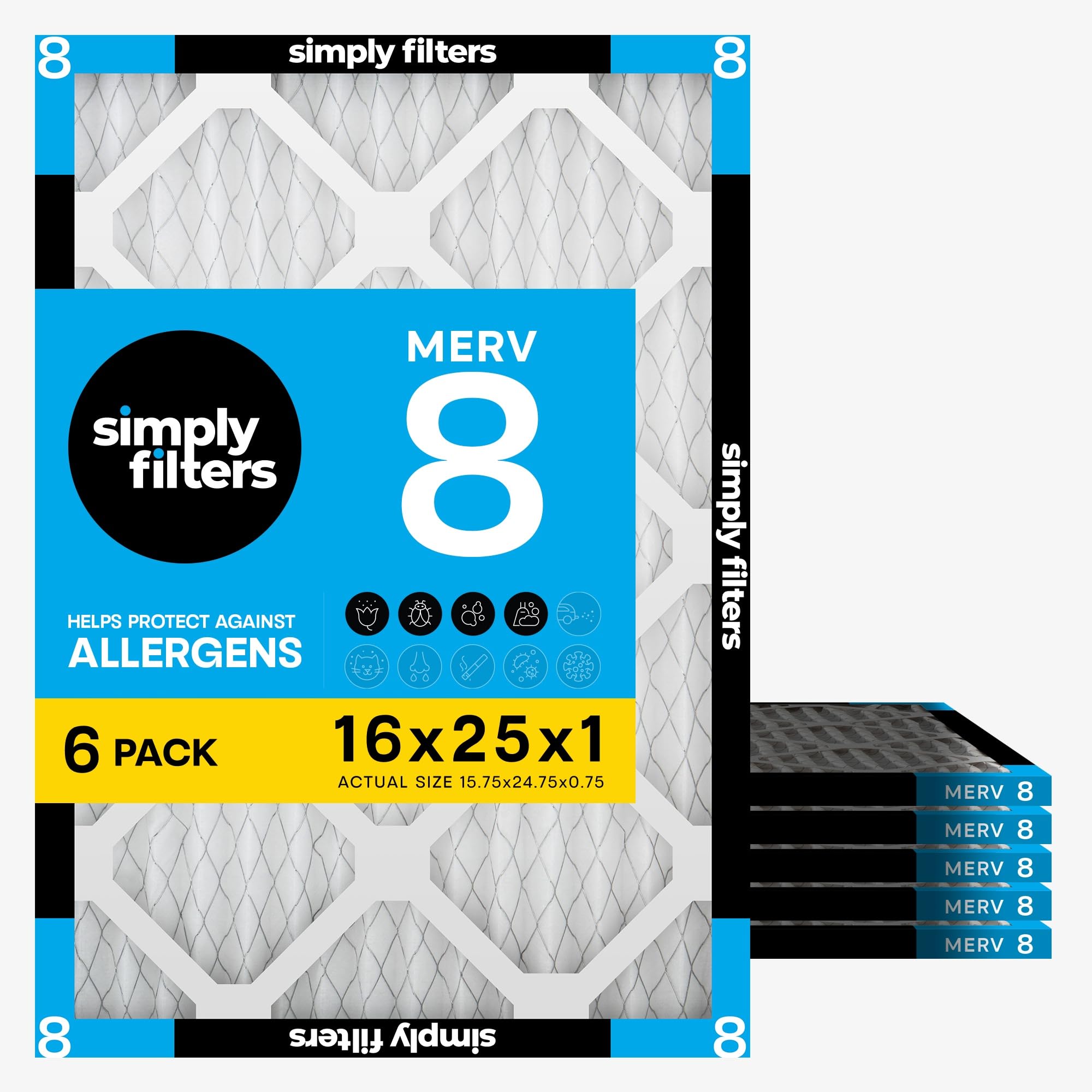 Simply 16x25x1 Air Filter, MERV 8, 6 Pack, For Home AC Furnace & HVAC (Actual Si