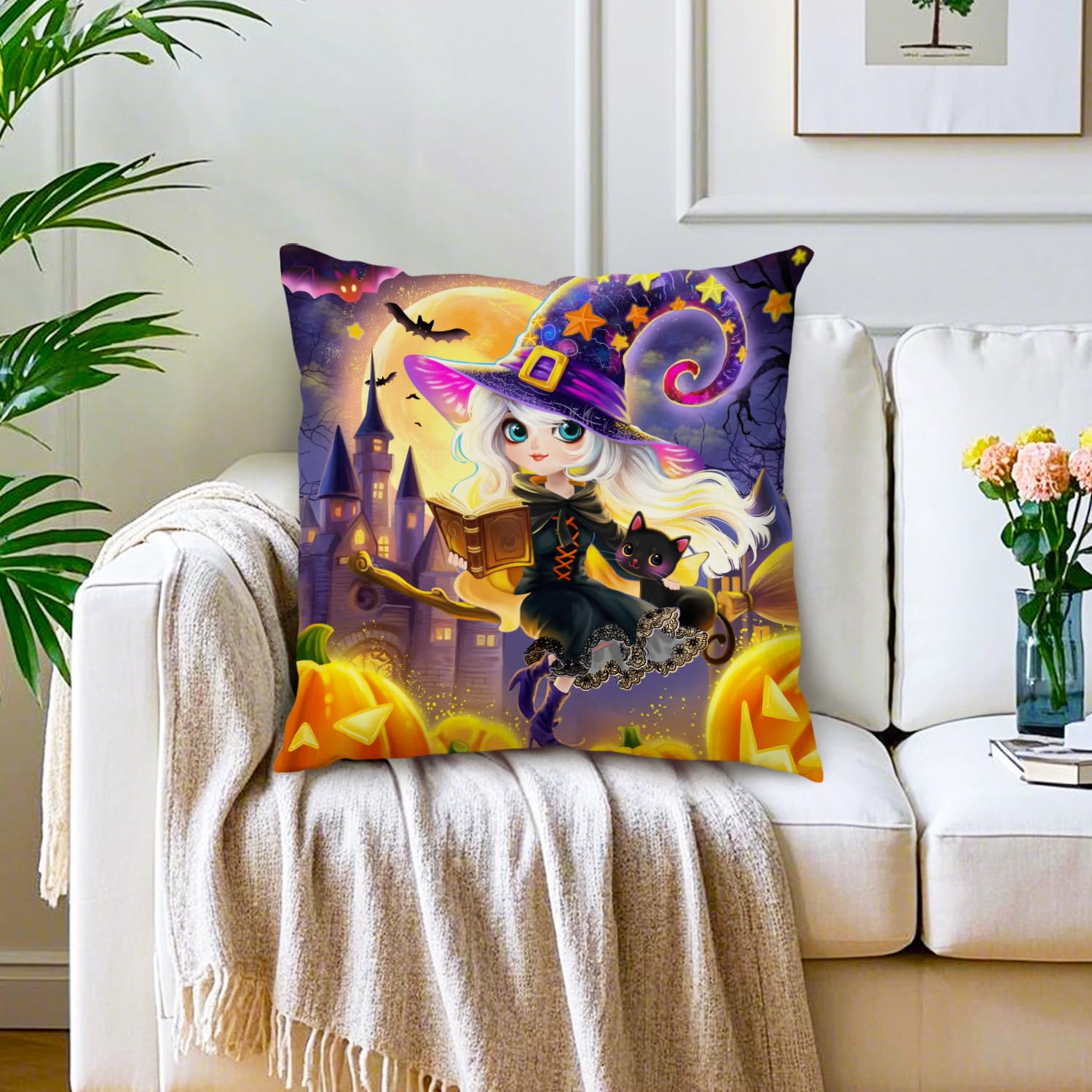 Halloween Witch Pillow Covers Black Cat Witch Gifts Gothic Accessories Decorativ