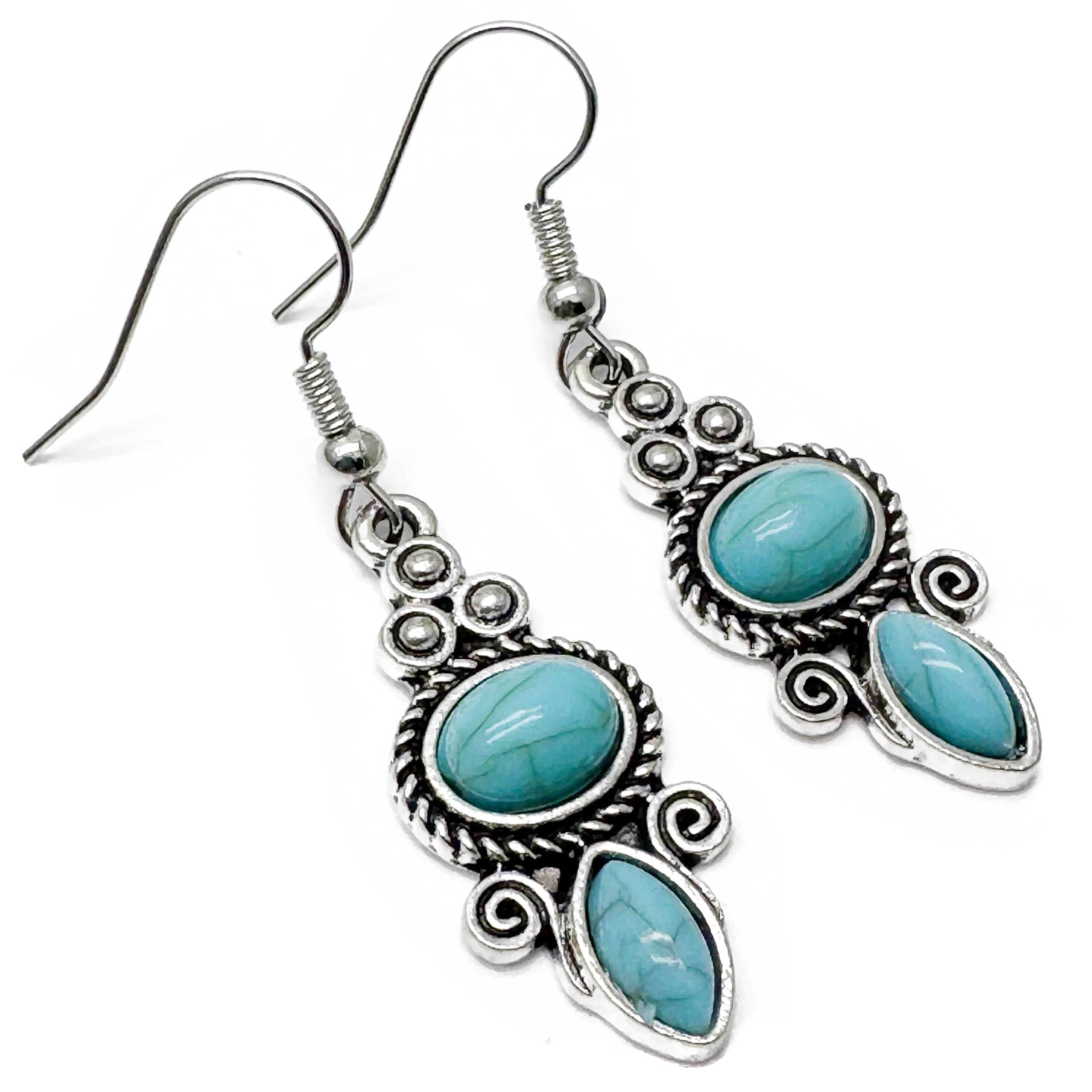 Turquoise Drop Earrings, Antique Silver Tone Charms with Blue Resin Stone on Nic