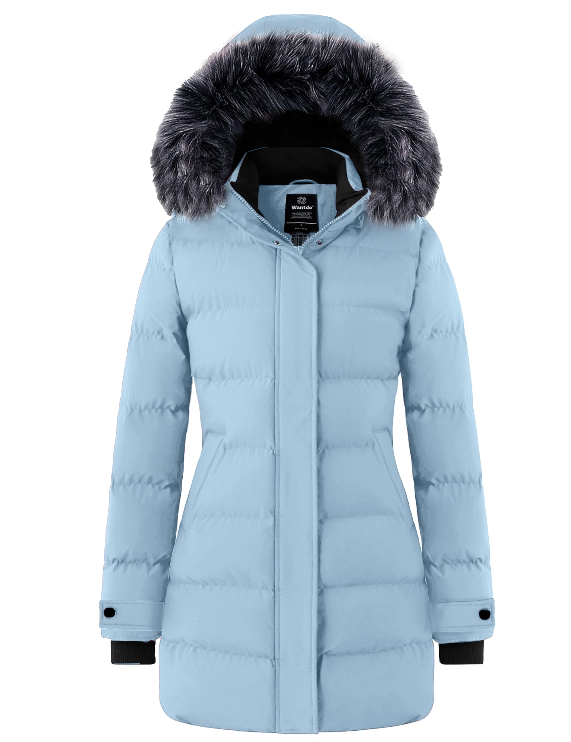 wantdo Women's Long Quilted Winter Coat Thicken Puffer Jacket Faux Fur Hood