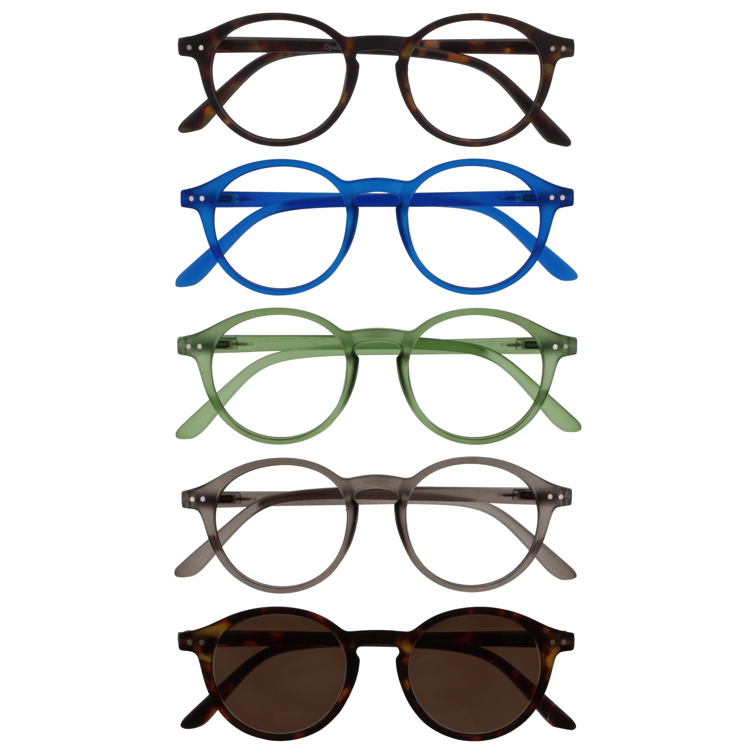 OPULIZE REY Reading and Sunglasses - Pack of 5 - Round Frame - Matte Brown, Blue