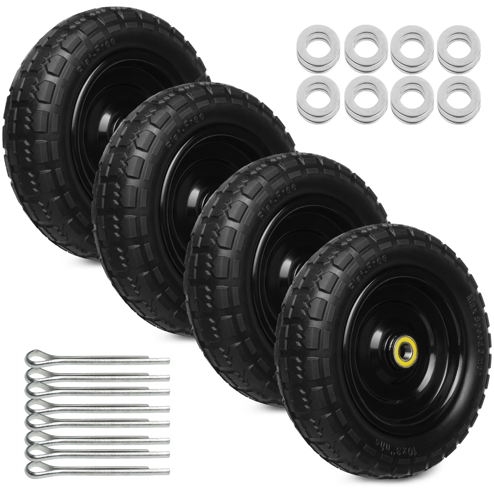 10 Inch Solid Rubber Tires, 4.10/3.50-4 Tire and Flat Free with 5/8" Bearings, 2