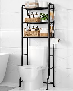 Kitsure Over Toilet Storage Rack, 160.5 cm Space-Saving, Holder & Hooks | Bathroom, Laundry Room, Small Spaces, Families, Durable Metal, Black, 3 Tier