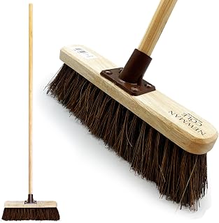 12” Yard Brush Heavy Duty Outdoor Garden Broom Outdoor with Durable Support Bracket with 120 cm Wooden Handle Hard Bristle Broom Sweeping Brush with Natural Stiff Bassine Bristles