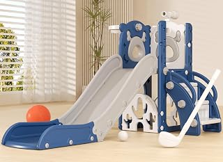 XJD 7 in 1 Toddler Slide, Kids Indoor Slide for Toddlers 12 to 36 Months, New Upgrade with Golf, Basketball Hoop for Indoor Outdoor Playset,Toddler Playground (Blue Gley)