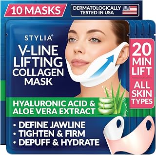 Stylia V Line Lifting Collagen Mask - Lift, Firm &amp; Contour Jawline - Tightening Double Chin Strap with Hyaluronic Acid &amp; Aloe - Neck Tightening and Lifting Mask - Jawline Shaper Face Lift Tape (10PC)