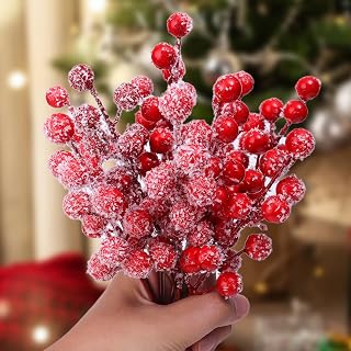 10 Pcs Artificial Red Berries Branches for DIY Holly Wreath 12 Berries Heads Stem Flowers Christmas Tree Gift Home Party Decorations (21cm)