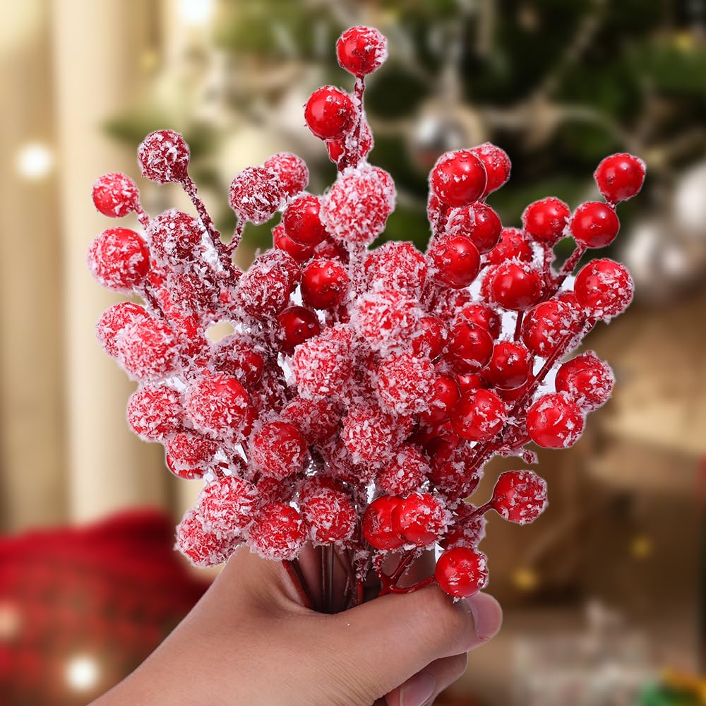 10 Pcs Artificial Red Berries Branches for DIY Holly Wreath 12 Berries Heads Ste