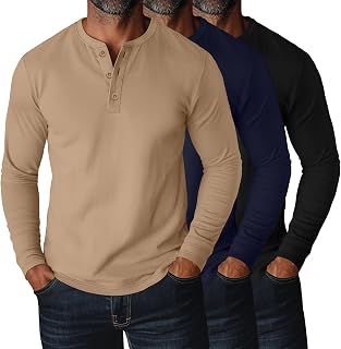 Ficerd 3 Pack Men's Plus Size Long Sleeve Loose Fit Cotton Blend Henley Tops