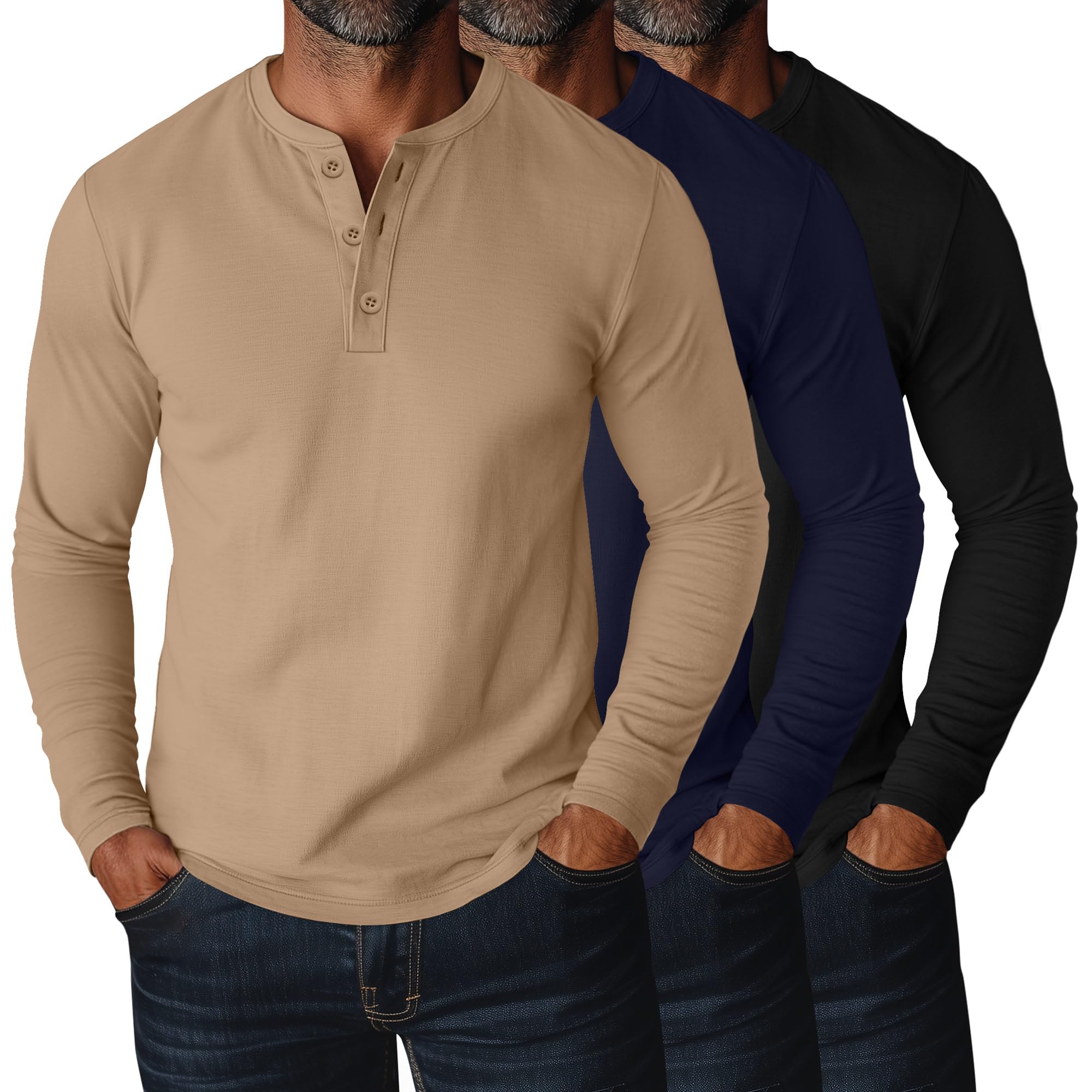 Ficerd 3 Pack Men's Plus Size Long Sleeve Loose Fit Cotton Blend Henley Tops