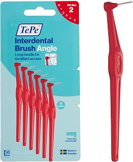 TePe Interdental Brush Angle, Red, 0.5mm/ISO 2, 6pcs, Carton Pack | Cleaning between teeth, Plaque remover for teeth with narrow gaps, for Healthy gums and teeth