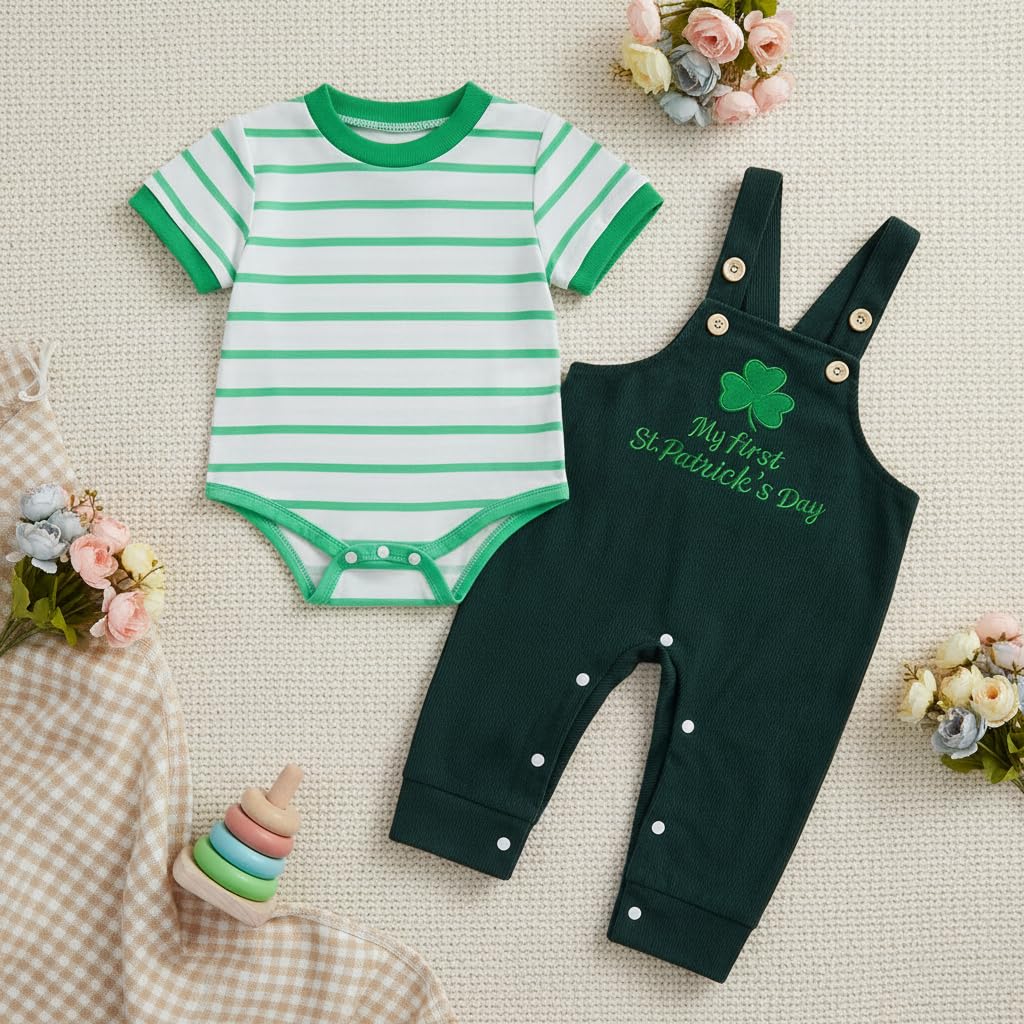 Newborn St Patrick's Day Baby Boy Outfit Short Sleeve Romper Clover Embroidery J