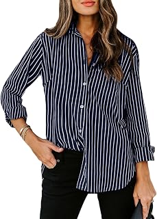 siliteelon Striped Button Down Shirts Women Cotton Long Sleeve Work Blouses