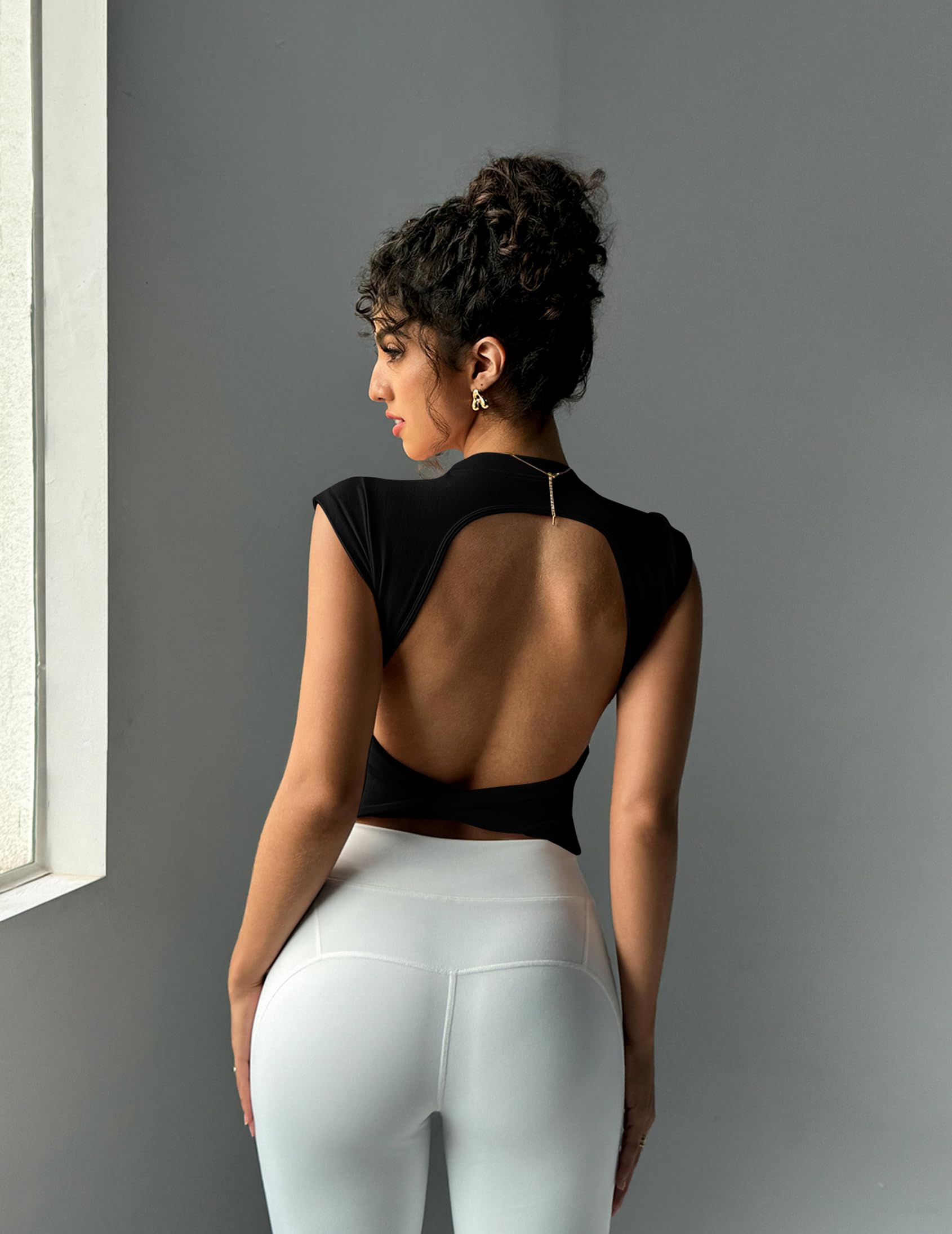 Women Open Back Crop Top High Neck Slim Fit Short Sleeve Backless Shirts for Par