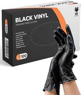PRAIMA Black Vinyl Gloves, 100 Count, Powder Free & Latex Free, Multi-Purpose Black Disposable Gloves for Food Handling, Cooking, Cleaning & Medical Use (L, 100)