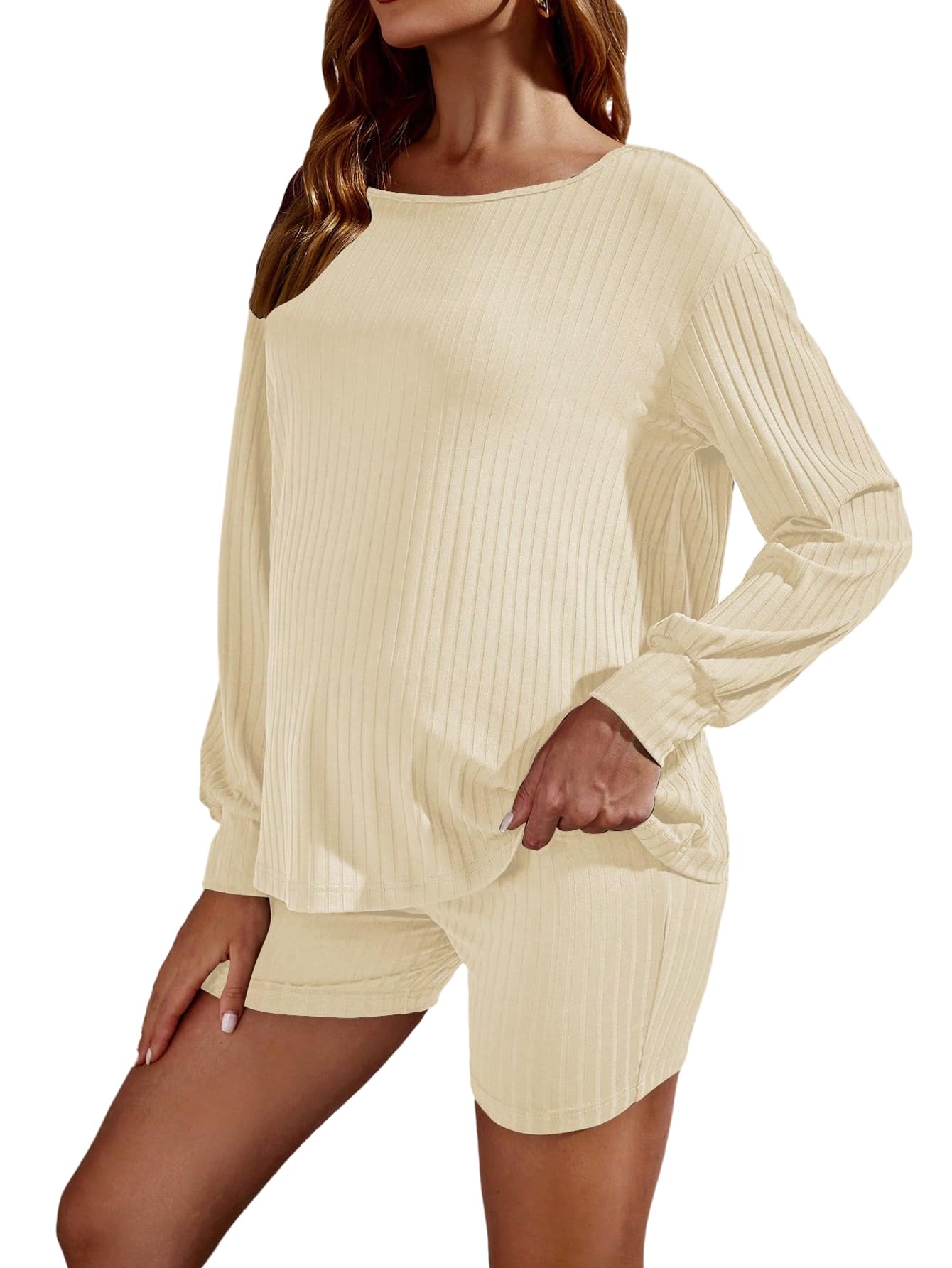 Maternity 2 Piece Outfits for Women Short Sleeve Drop Shoulder Ribbed Shorts Set