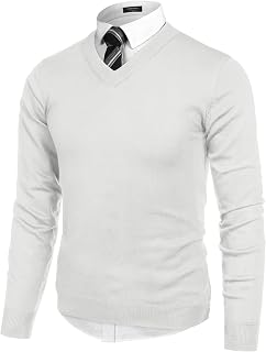 COOFANDY Suéter de punto de manga larga con cuello en V para hombre, Blanco