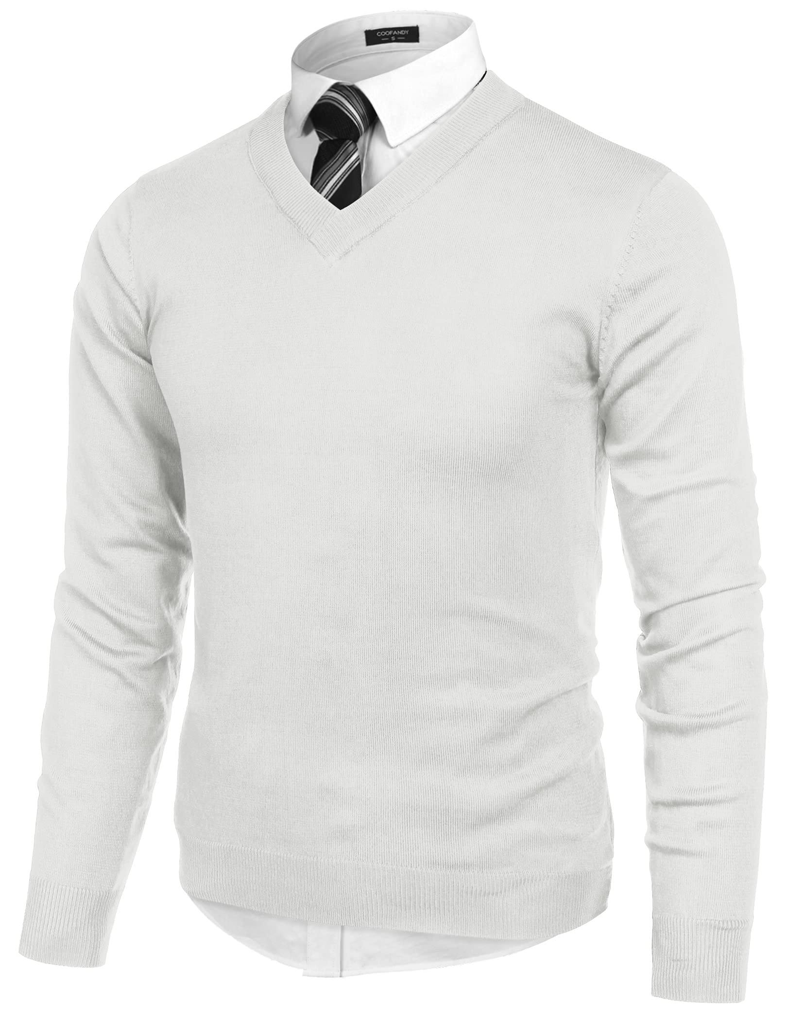 COOFANDY Suéter de punto de manga larga con cuello en V para hombre, Blanco