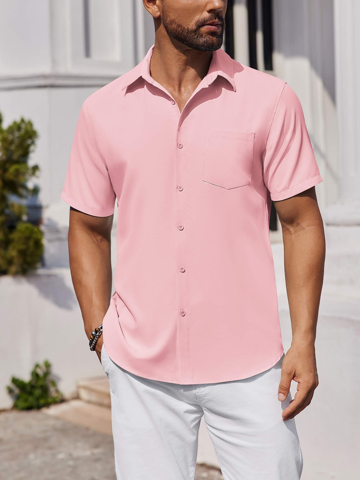 Camicia da uomo a maniche corte con bottoni, con tasca