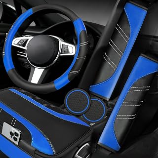 NBTEPEM 6 Pcs Blue Steering Wheel Cover Set, Sport Microfiber Leather Steering Wheel Cover 14.5-15inch Universal, Car Center Console Cover, Seat Belt Cushion, Cup Coasters, Blue Car Accessories Set
