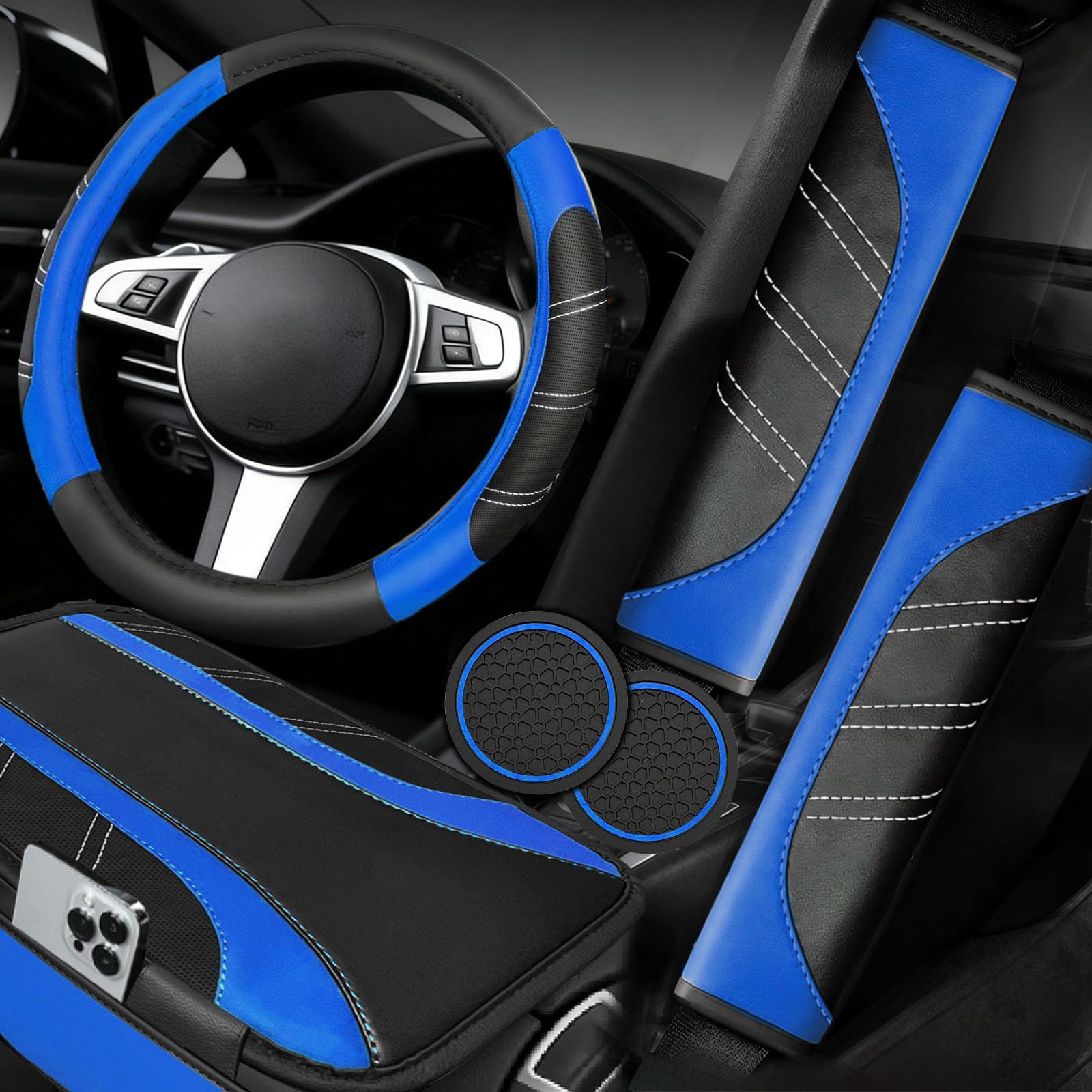 NBTEPEM 6 Pcs Blue Steering Wheel Cover Set, Sport Microfiber Leather Steering W