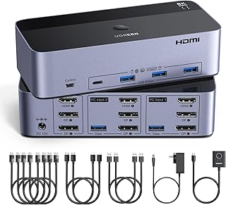 UGREEN 8K@60Hz HDMI Displayport KVM Switch 3 Monitors 2 Computers, Aluminum | 4K@240Hz, with 4 USB 3.0 Ports, for 2 Computers Share Triple Monitors, with 4 DP+2 HDMI+2 USB Cables/Power Adapter/Controller