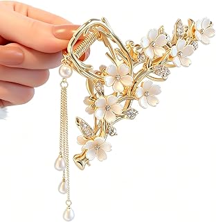 Metal Hair Claw for Women Gold Floral Elegant Rhinestone Barrette Pearl Tassel Design Unique Hair Claws Strong Hold Non Slip for Hair Decorations