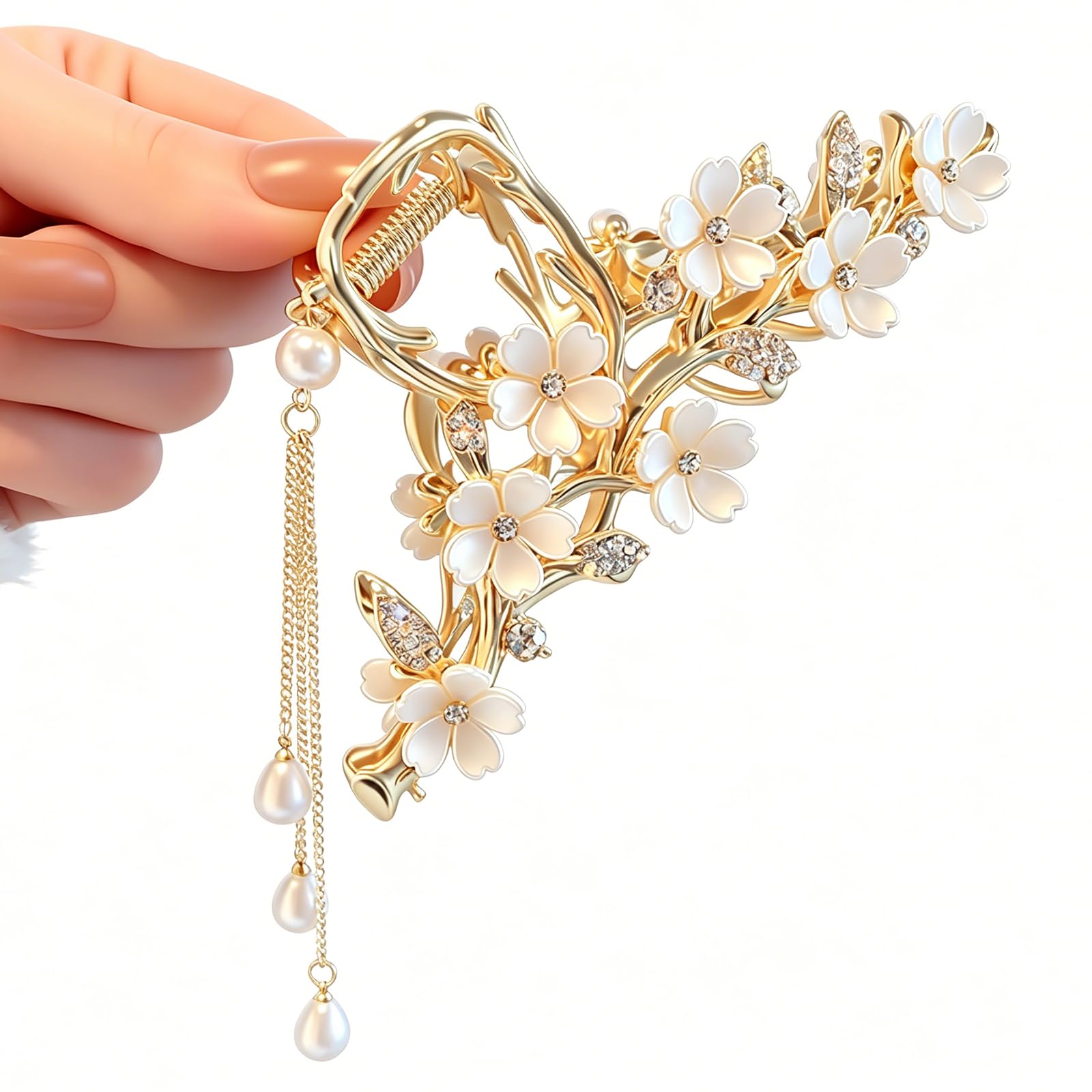 Metal Hair Claw for Women Gold Floral Elegant Rhinestone Barrette Pearl Tassel D