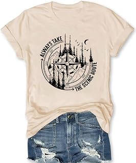 Women Mountain Adventure Athletic Top Compass Graphic Tee for Outdoor Camping Hiking Pine Tree Wanderlust Workout Shirt