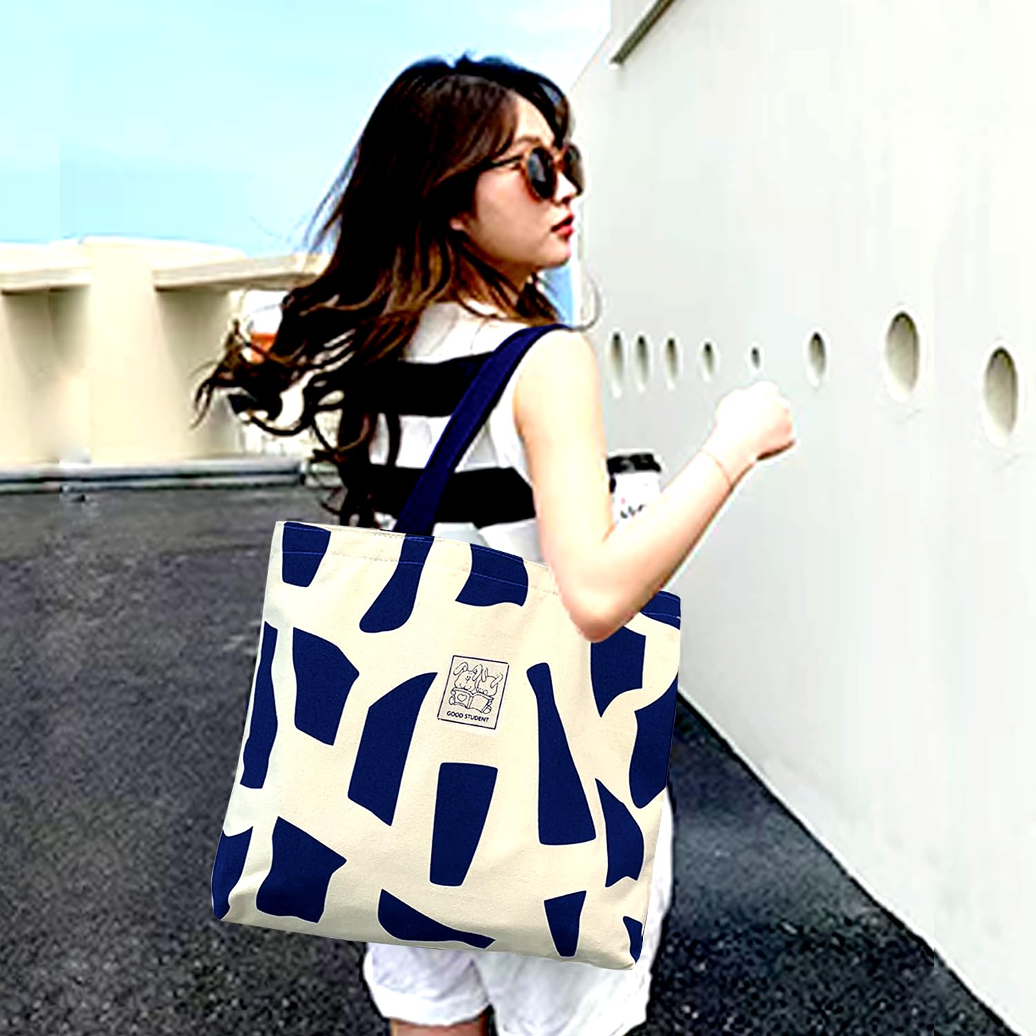 1Pack Canvas Tote Bag, Reusable Grocery Shopping Bag, Top Zipper Closure, Daily 