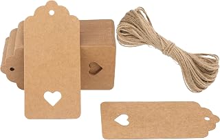 G2PLUS Brown Gift Tags with Heart: 50PCS Blank Paper Tags with String, 4.5cm x 9.5cm Large Gift Labels for Wedding Favors, Presents, 300g/m²