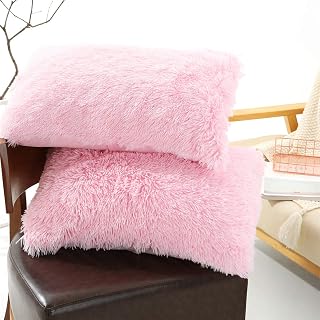 Solid Plush Standard/Queen Pillowcase 2 Pack Super Soft Fluffy Faux Fur Shaggy Pillow Cases/Covers Decorative Throw Pillow Shams with Zipper Closure (King-Pillowcases Only, Baby Pink)