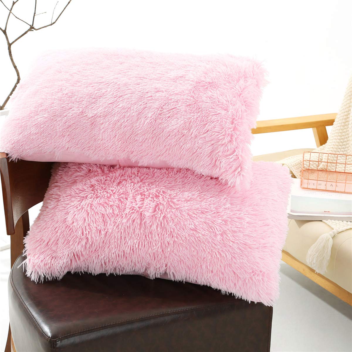 Solid Plush Standard/Queen Pillowcase 2 Pack Super Soft Fluffy Faux Fur Shaggy P