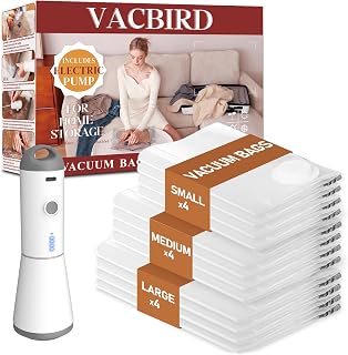 Vacbird Vacuum Bags Clothes with Wireless Vacuum Pump, 12 Pieces (4 Large, 4 Medium, 4 Small), Reusable Vacuum Bags Clothes for Duvets, Pillows, Sweaters