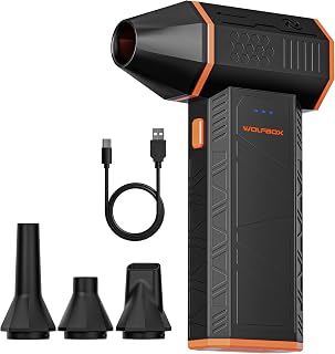 WOLFBOX MegaFlow 50 Electric Air Duster, 110000 RPM, Cordless, 3-Speed | With battery, for computer, keyboard, home, outdoor, car, 0.45 pounds, lanyard, 4 nozzles, 3.5 hours. Charging time: