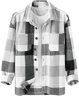 ZAFUL Men's Plaids Shirt Long Sleeve Button Down Lightweight Flannel Jacket Wool Blend Shacket Casual Shirts with Pockets