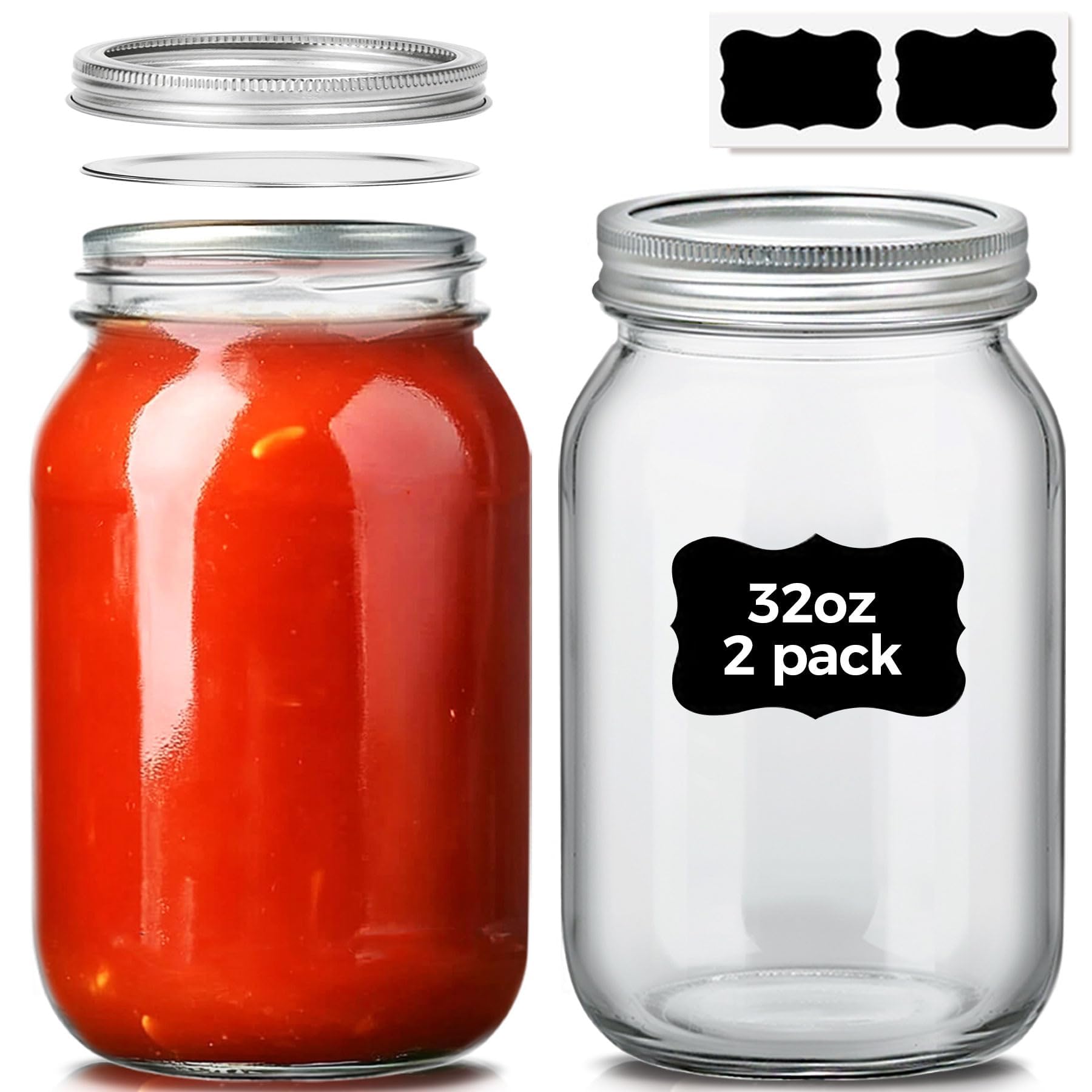 ComSaf 32 oz Wide Mouth Mason Jars 2 Pack Large Glass Jars with Lids | BPA-Free 