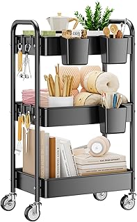 YASONIC 3 Tier Rolling Cart, Heavy Duty Metal Utility Cart with Wheel Black | Sturdy Rolling Storage Cart With Hooks & Hanging Cups, Great For Craft, Art Workspace, Kitchen ,Snack And Office Storage