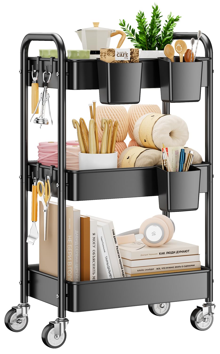 YASONIC 3 Tier Rolling Cart, Heavy Duty Metal Utility Cart with Wheel Black | St