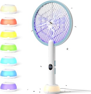 YISSVIC Fly Swatter Electric Bug Zapper Racket 4000 Volt Rechargeable Fly Zapper Indoor Outdoor Dual Modes with Attractant Light (White and Blue)