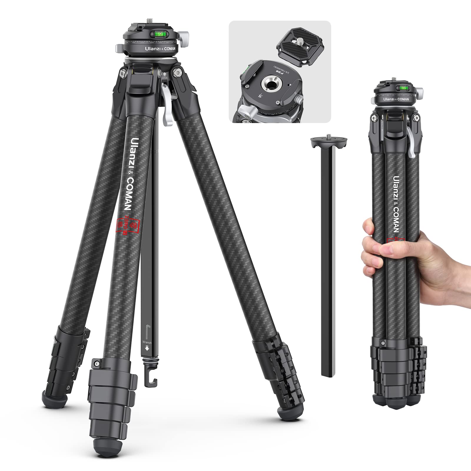 Ulanzi ZERO F38 Tripod, Carbon Tripod, Travel Tripod, 3-Way Head Mount, Camera T