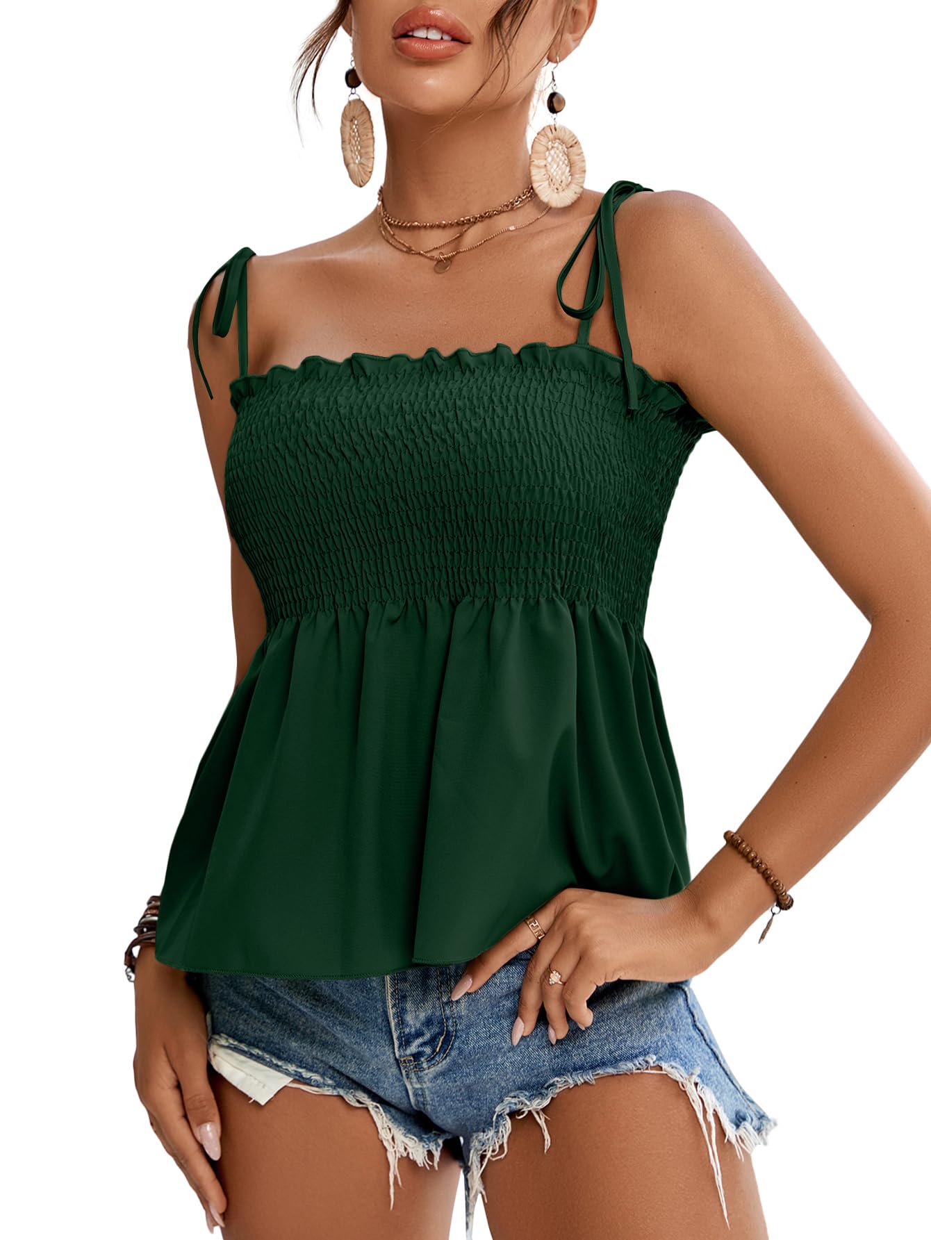 LYANER Women's Tie Shoulder Frill Shirred Ruffle Hem Sleeveless Strappy Cami Blo