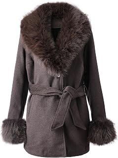 Women's Mid-Long Wool Blend Trench Coat Faux Fur Shawl Collar