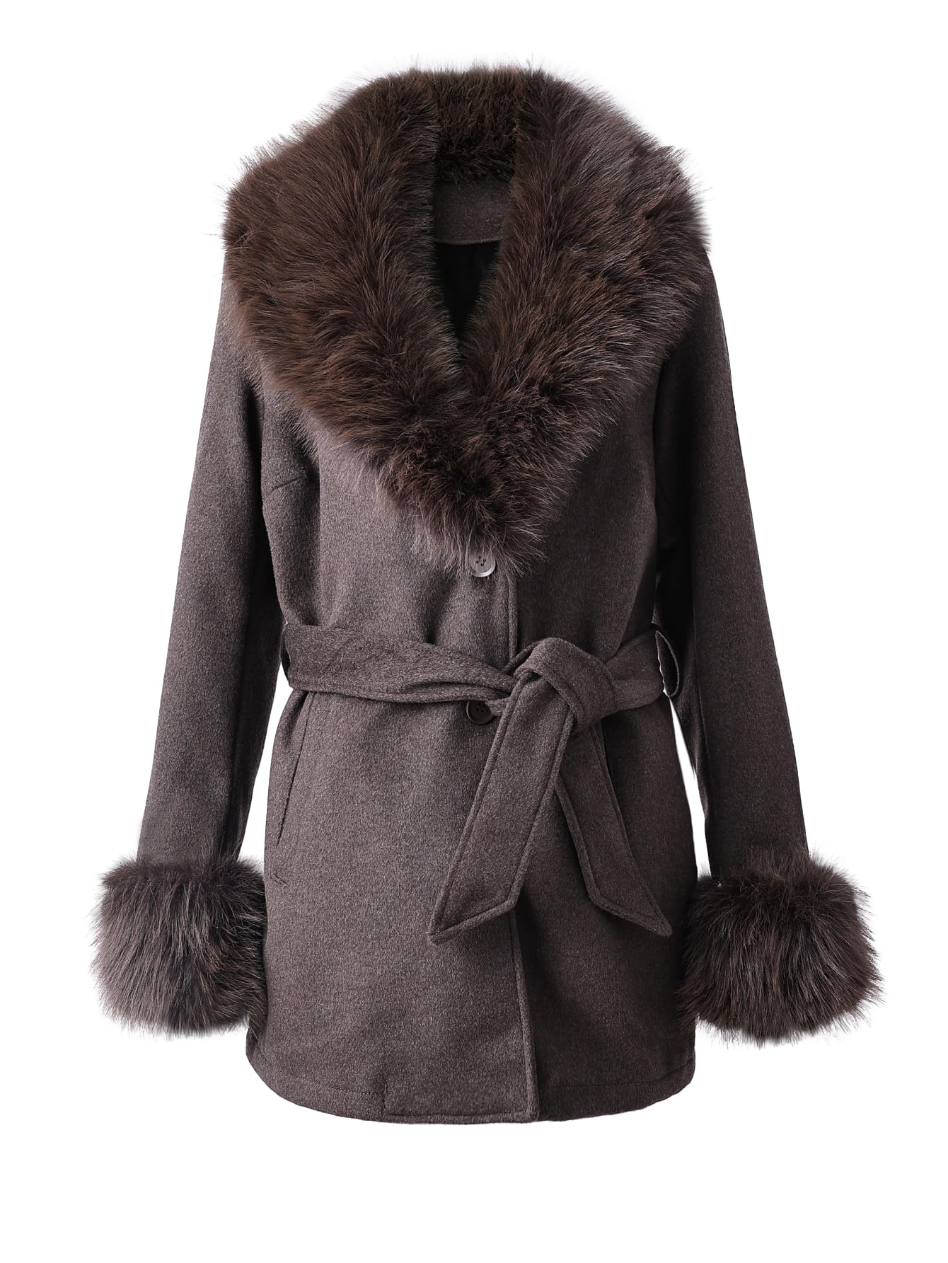 Women's Mid-Long Wool Blend Trench Coat Faux Fur Shawl Collar