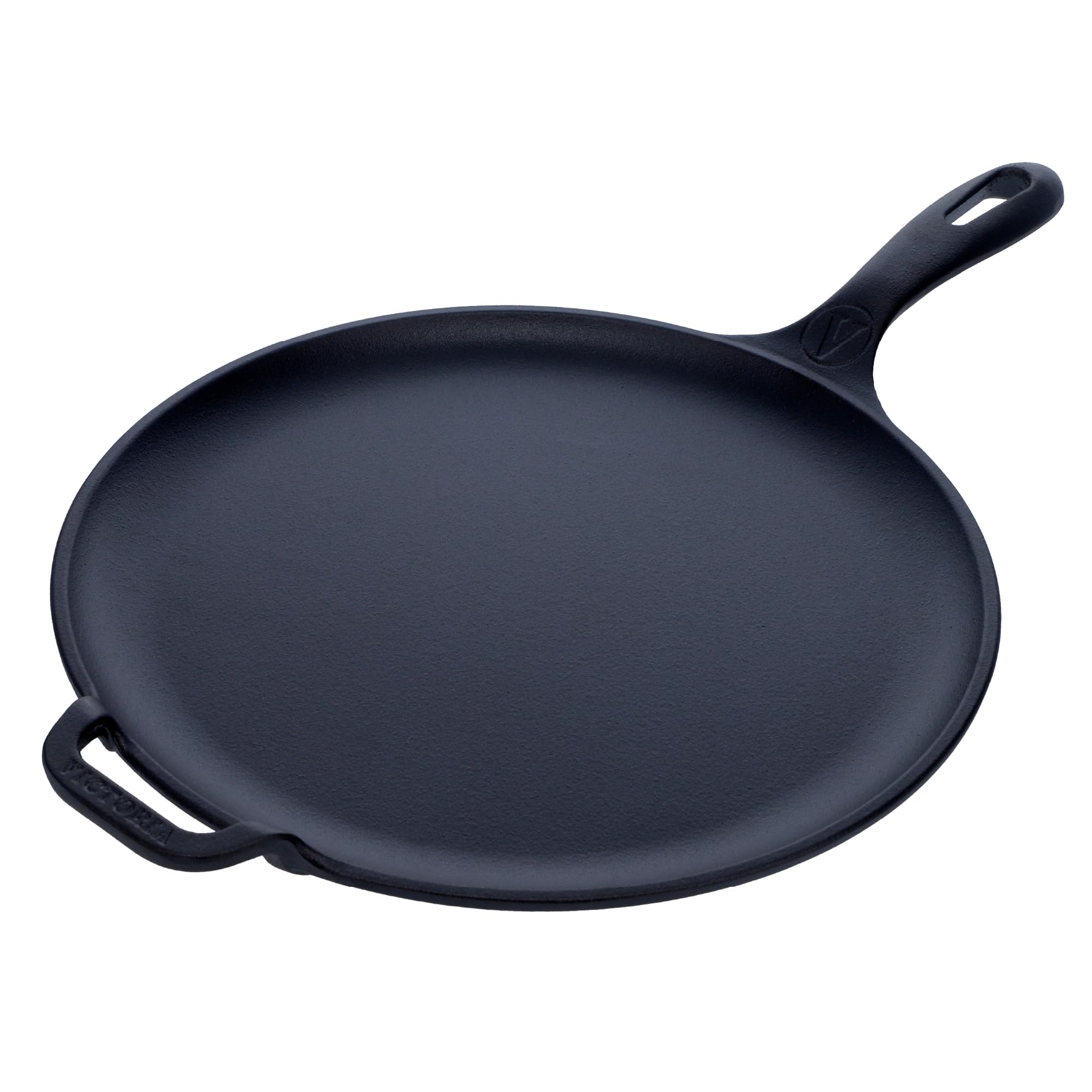 Victoria 12-Inch Cast Iron Comal Pizza Pan with a Long Handle and a Loop Handle,