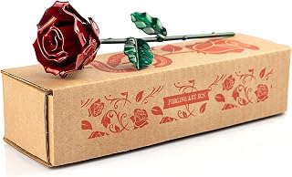 Forging Art Bcn® Hand Forged Eternal Wrought Iron Rose - Gift for Valentine's Day, Mother's Day, 6th Year Wedding Anniversary (Red/Green Without Base)