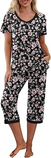PrinStory Schlafanzüge Damen Kurzarm V-Ausschuss Pyjamas Set Tshirt Und Schlafanzughosen Mit Taschen