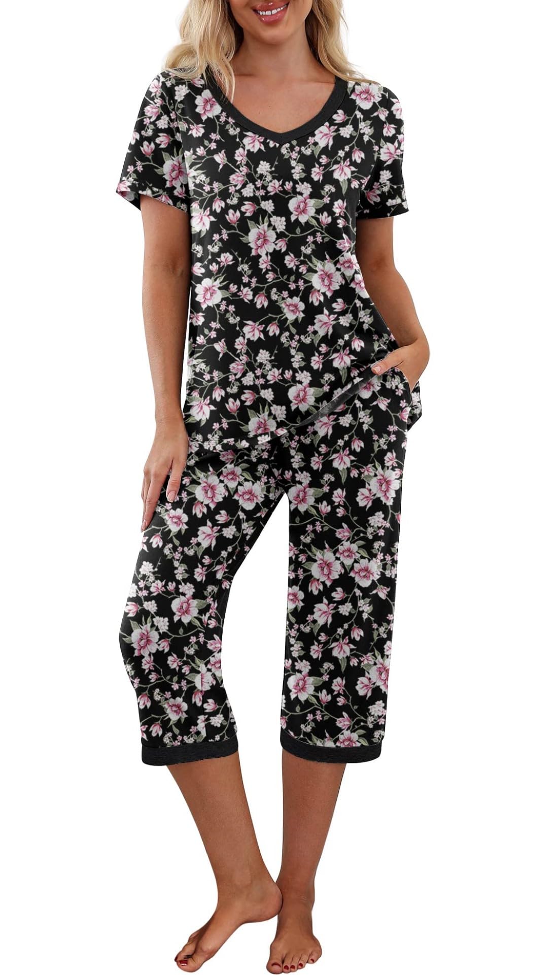 PrinStory Schlafanzüge Damen Kurzarm V-Ausschuss Pyjamas Set Tshirt Und Schlafan